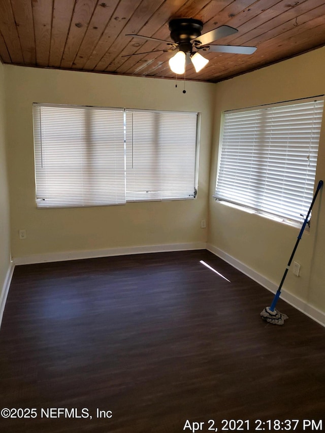 unfurnished room with ceiling fan, dark wood-type flooring, and wooden ceiling