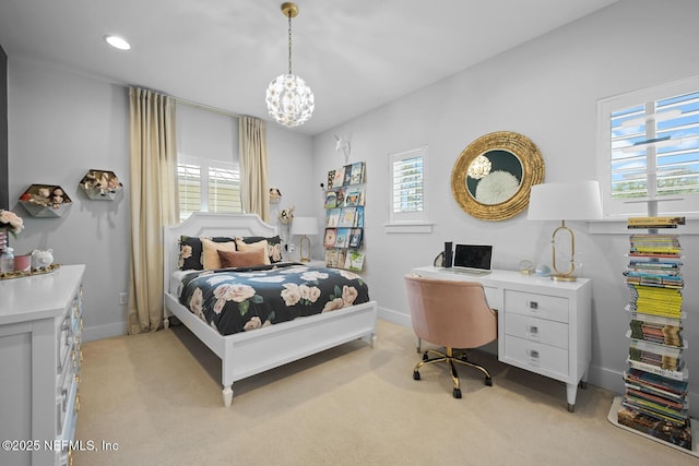 bedroom with light colored carpet