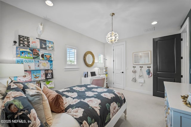 bedroom featuring light colored carpet