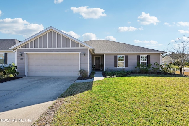 ranch-style home with a garage and a front yard