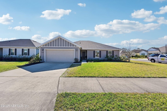 ranch-style house with a garage and a front yard