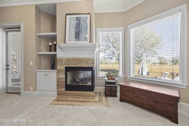 carpeted living room featuring a fireplace, built in shelves, and crown molding