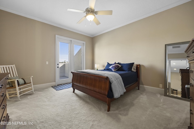 bedroom featuring ceiling fan, crown molding, and light carpet