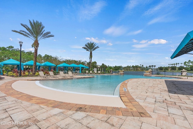 view of swimming pool featuring a patio area