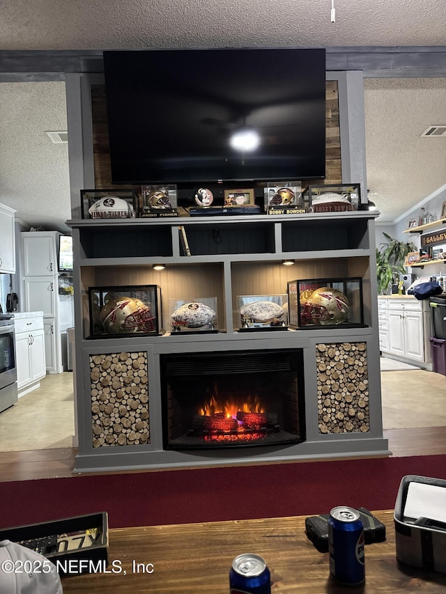 room details with a textured ceiling and stainless steel stove