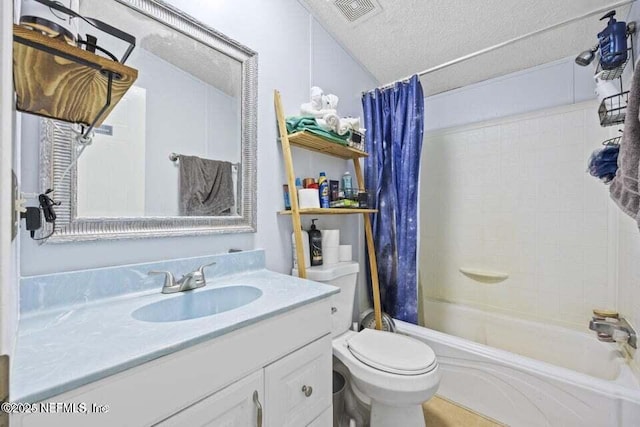 full bathroom featuring vanity, vaulted ceiling, toilet, a textured ceiling, and shower / tub combo