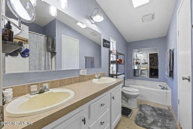 full bathroom featuring vanity, a textured ceiling, vaulted ceiling, separate shower and tub, and toilet