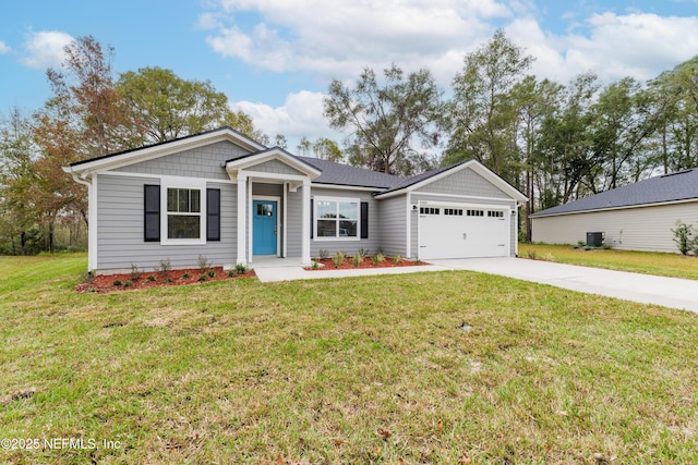 ranch-style house featuring a garage, central air condition unit, and a front yard