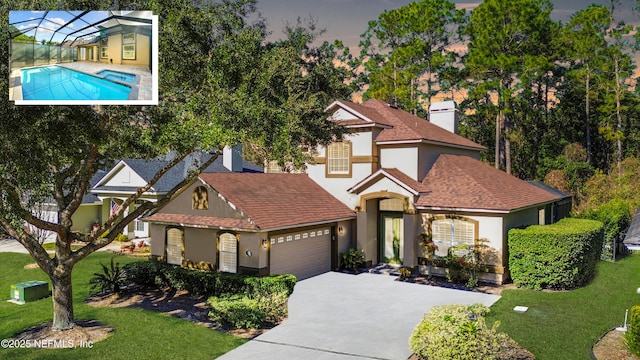 view of front facade featuring a lanai and a front lawn