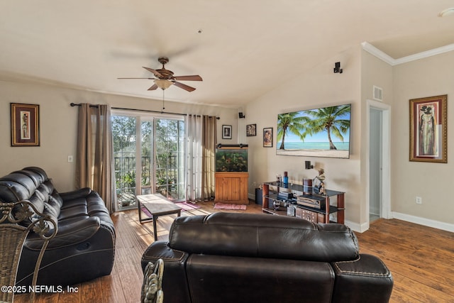 living room with crown molding, ceiling fan, lofted ceiling, and hardwood / wood-style floors