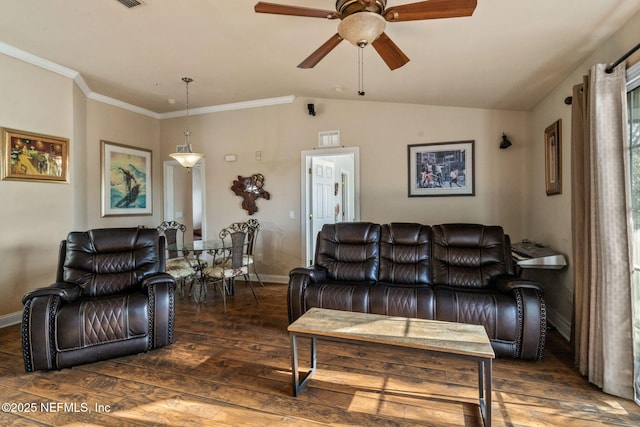 living room featuring vaulted ceiling, dark hardwood / wood-style floors, ceiling fan, and ornamental molding