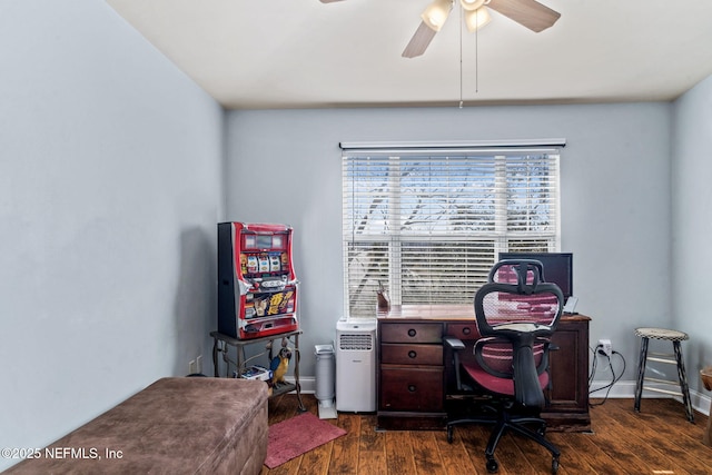 office area featuring ceiling fan and dark hardwood / wood-style floors