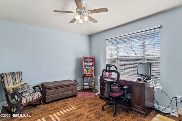 office area featuring ceiling fan and dark hardwood / wood-style flooring