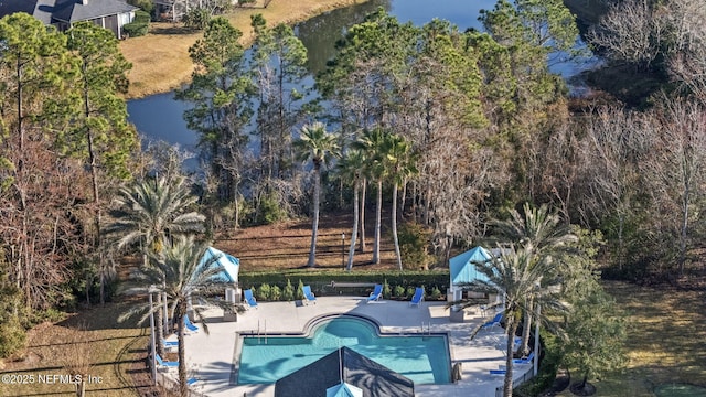 view of pool with a patio and a water view