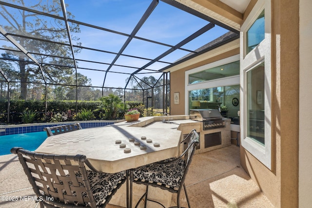 view of patio / terrace with area for grilling, exterior kitchen, an outdoor bar, and glass enclosure