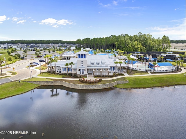 drone / aerial view with a water view