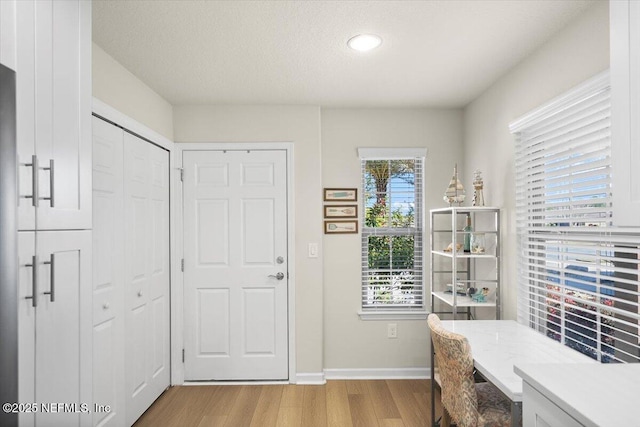 entryway with a wealth of natural light, light hardwood / wood-style floors, and a textured ceiling