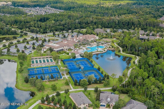 bird's eye view with a water view