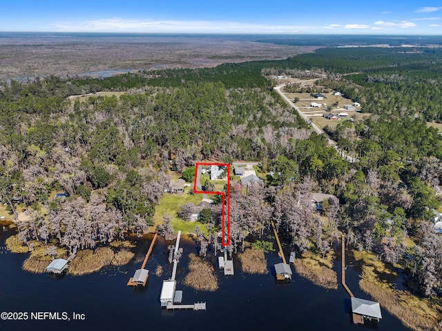 aerial view featuring a water view and a wooded view