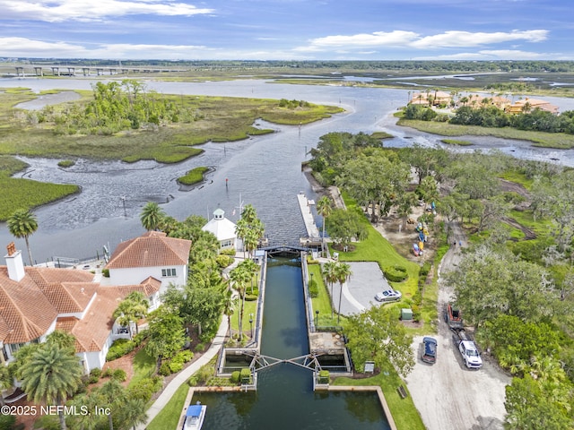 aerial view featuring a water view