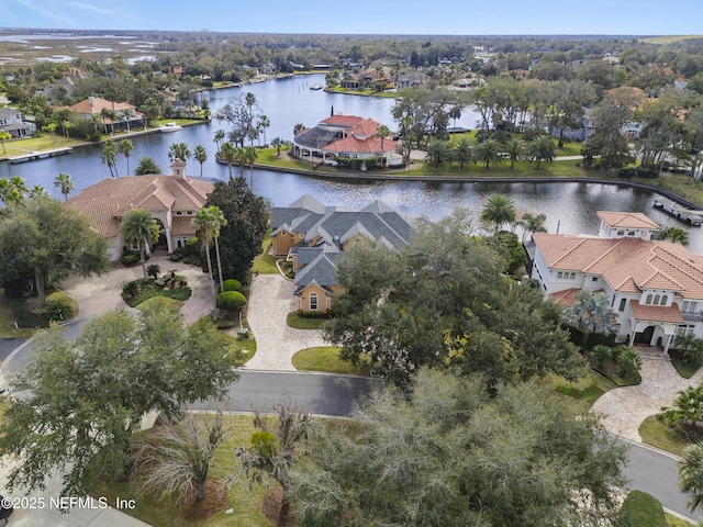 drone / aerial view featuring a water view