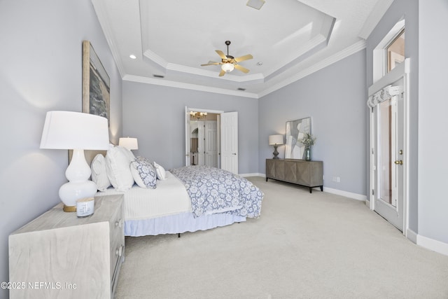 bedroom featuring light colored carpet, a raised ceiling, ceiling fan, and crown molding