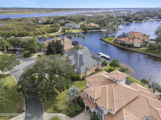 aerial view featuring a water view