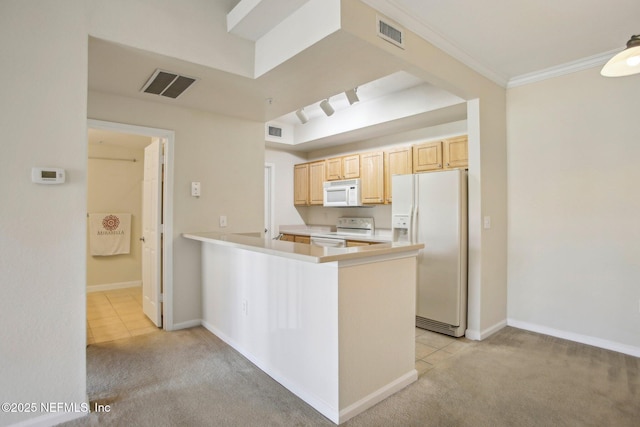 kitchen featuring white appliances, kitchen peninsula, ornamental molding, light brown cabinets, and light tile patterned flooring