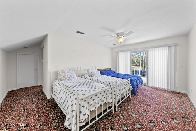 carpeted bedroom with access to outside, ceiling fan, and lofted ceiling