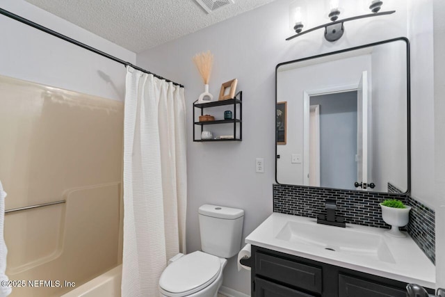 full bathroom with toilet, a textured ceiling, vanity, shower / bath combination with curtain, and decorative backsplash