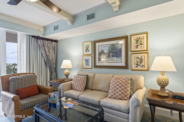 living room with beam ceiling and ceiling fan