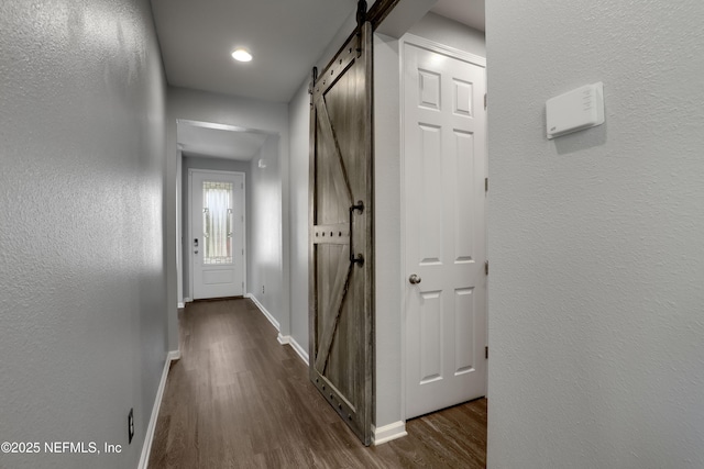 hallway with dark hardwood / wood-style flooring and a barn door