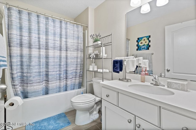 full bathroom with shower / bath combo, vanity, a textured ceiling, and toilet