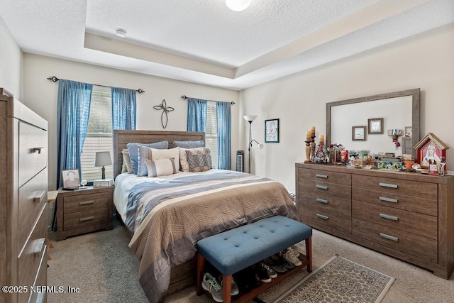 carpeted bedroom featuring a textured ceiling and a tray ceiling