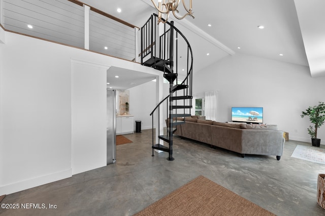 unfurnished living room with an inviting chandelier, beam ceiling, and high vaulted ceiling