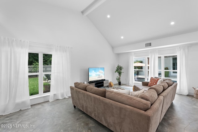 living room featuring beamed ceiling and high vaulted ceiling