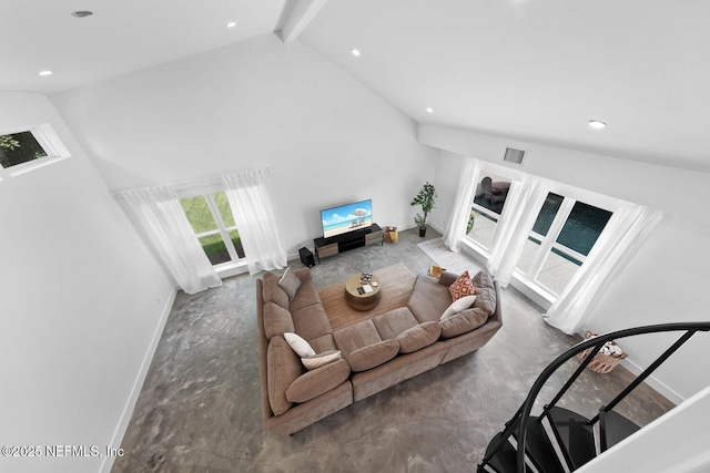 living room featuring high vaulted ceiling and beam ceiling