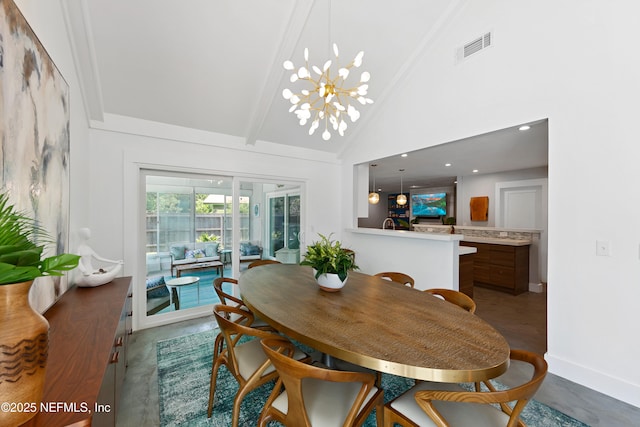 dining area with high vaulted ceiling, a chandelier, and beamed ceiling