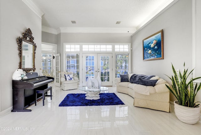 living room with a textured ceiling, crown molding, and french doors