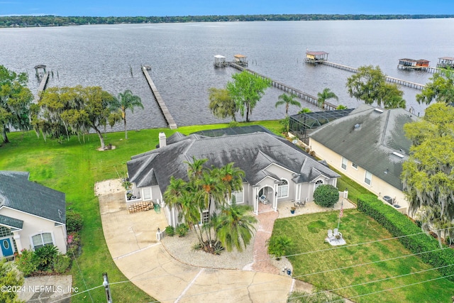 drone / aerial view featuring a water view