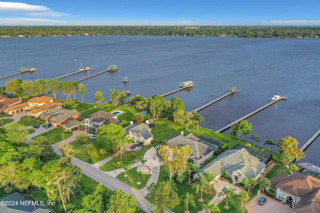 drone / aerial view featuring a water view