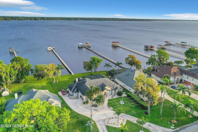 drone / aerial view featuring a water view