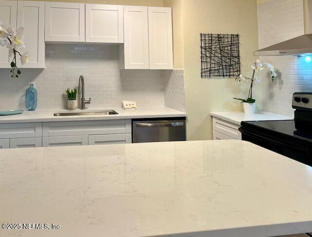 kitchen featuring white cabinetry, dishwasher, sink, wall chimney range hood, and backsplash