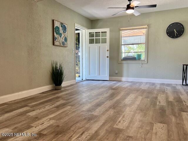 entrance foyer with hardwood / wood-style flooring and ceiling fan