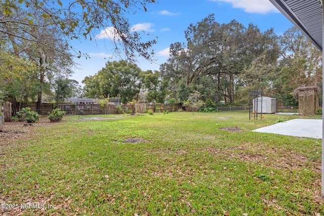 view of yard featuring a shed and a patio area