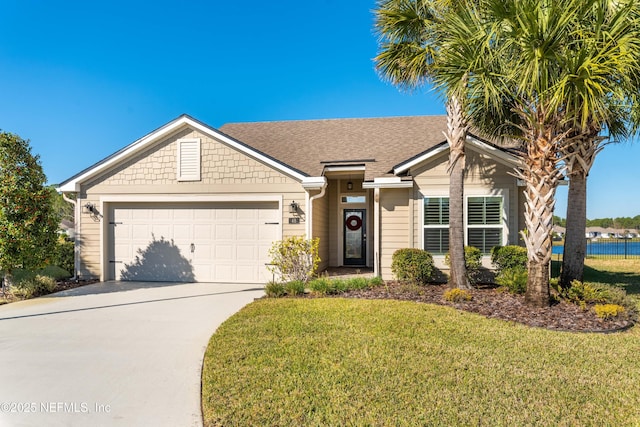 ranch-style home featuring a front yard and a garage