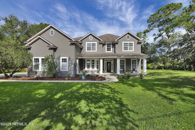 craftsman inspired home featuring a front lawn and a porch