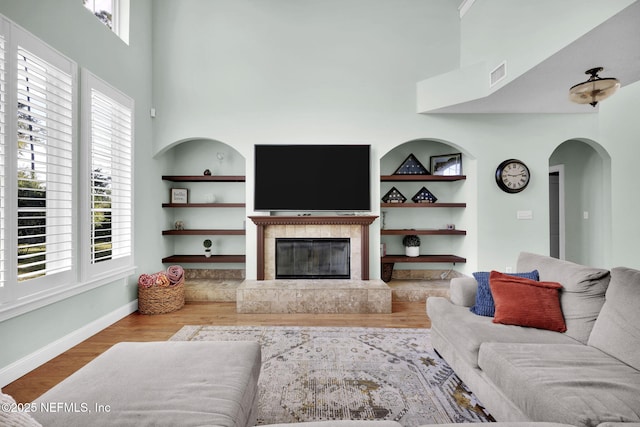 living room featuring plenty of natural light, light hardwood / wood-style floors, built in features, and a fireplace