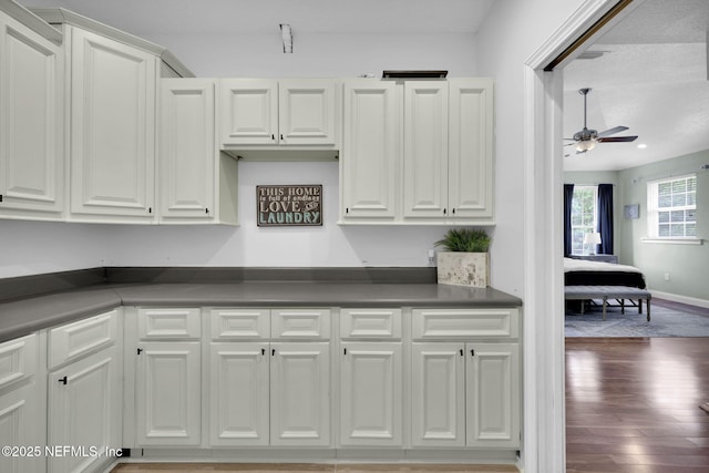 kitchen with white cabinetry, ceiling fan, and dark wood-type flooring