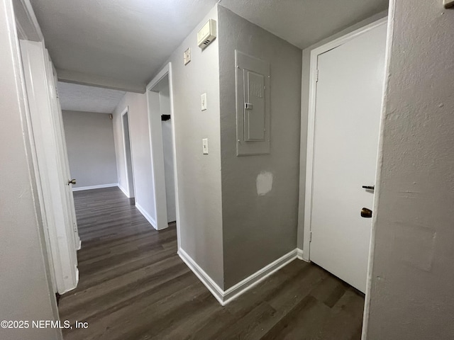 hall with dark wood-type flooring and electric panel